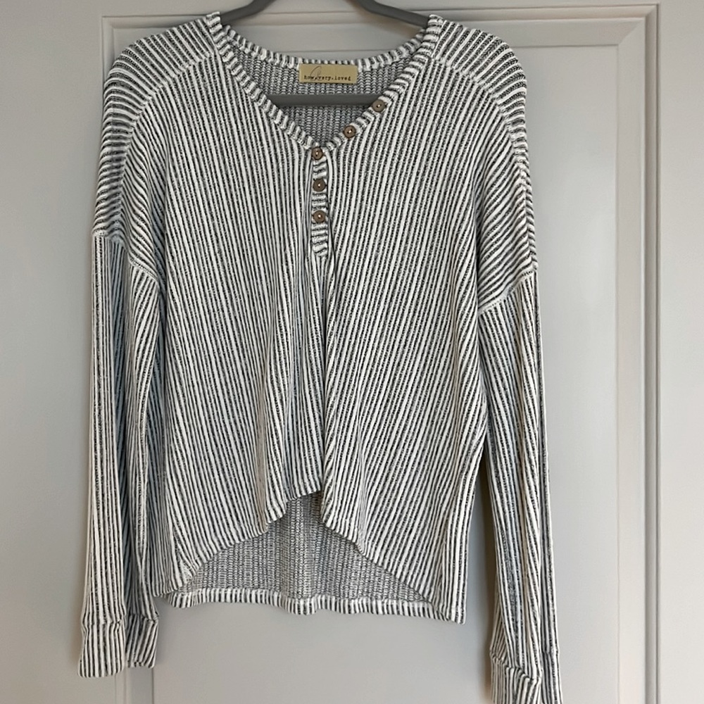 Striped Henley Knit Top Bell Sleeves